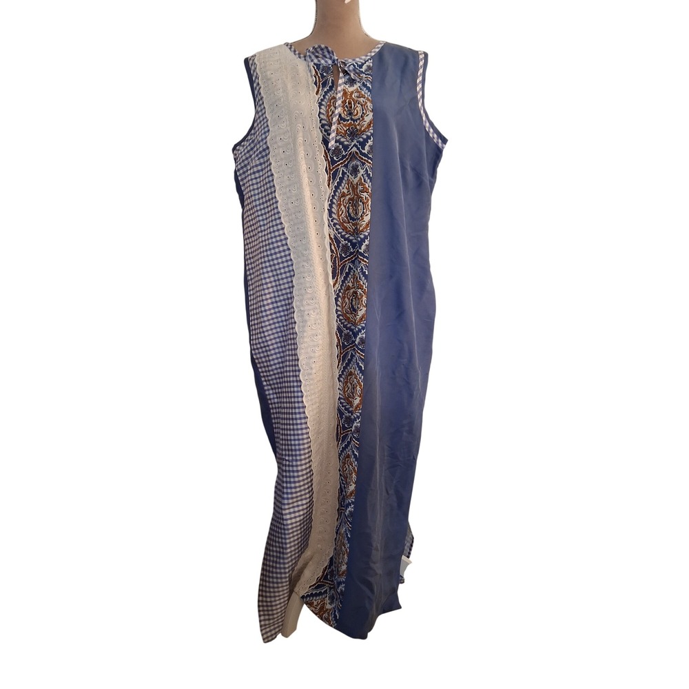 Koos of Course Silk Blend Mixed Print Eyelet Gingham Maxi Dress Blue 1X Slits